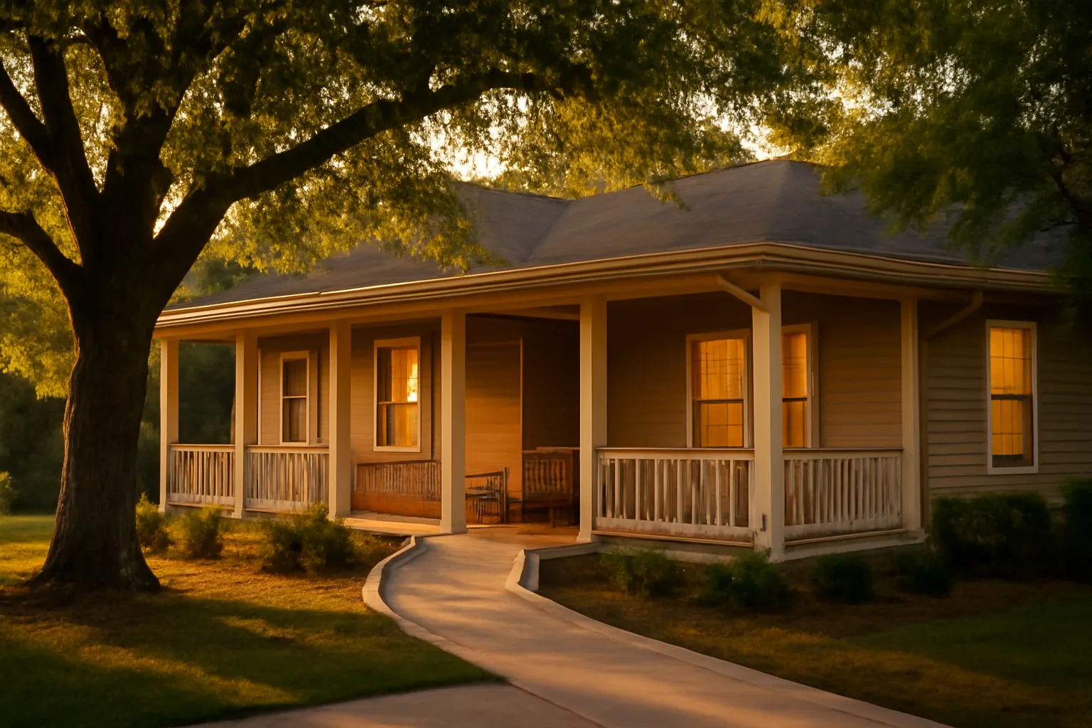 Residential assisted living home exterior with porch and wheelchair ramp at dusk