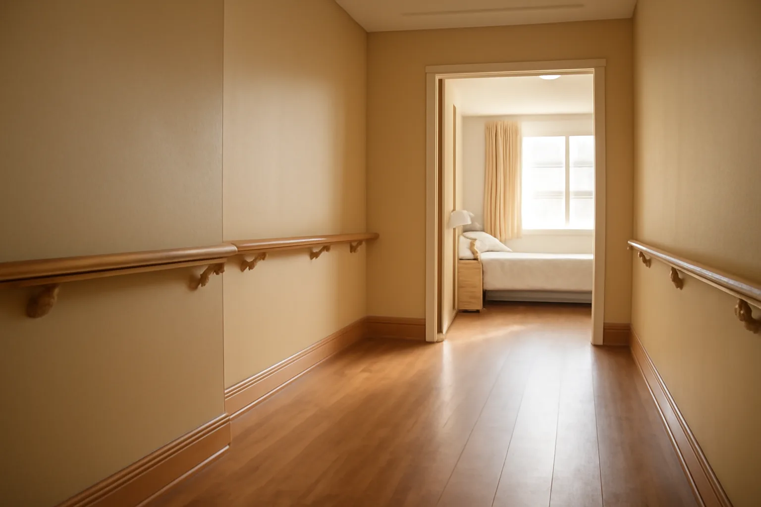 Bright hallway inside a licensed assisted living residence with handrails and natural light