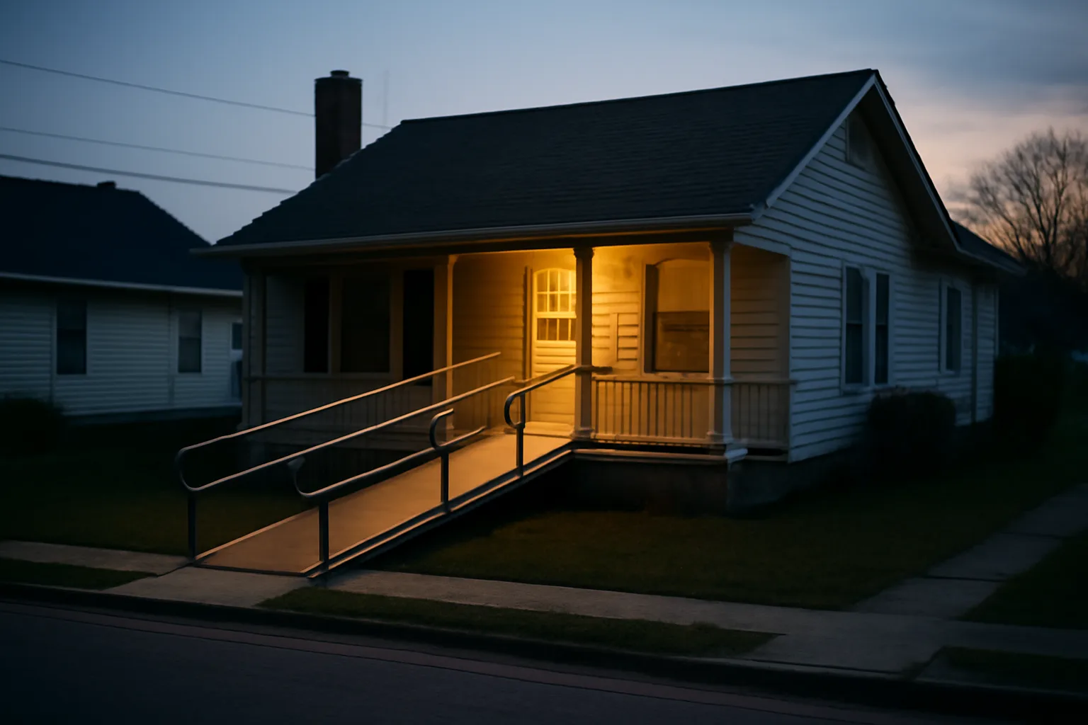 Suburban house with wheelchair ramp representing an unlicensed group home setting