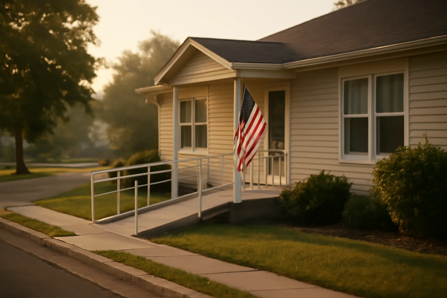 Small residential care home exterior with ramp and American flag, morning light