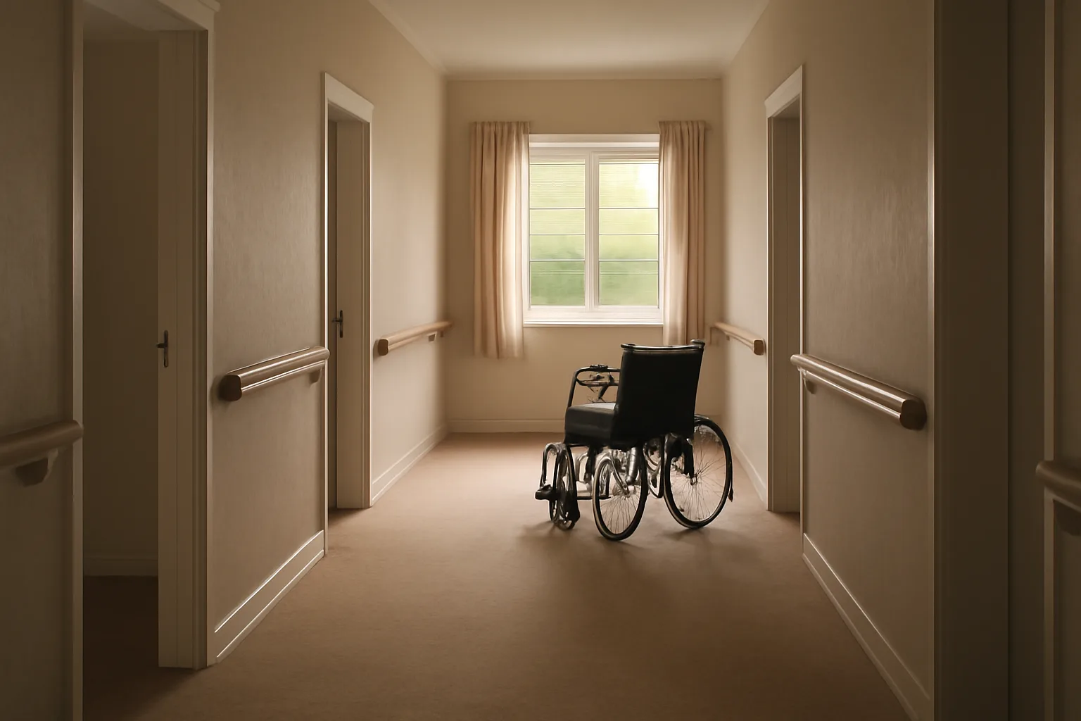 Bright hallway inside a Virginia assisted living facility with handrails and natural light