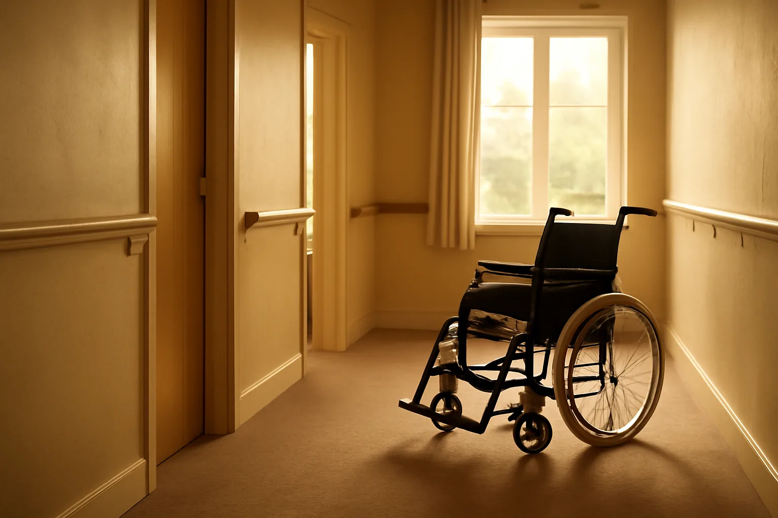 Bright hallway inside a Virginia assisted living facility with handrails and a bedroom door open