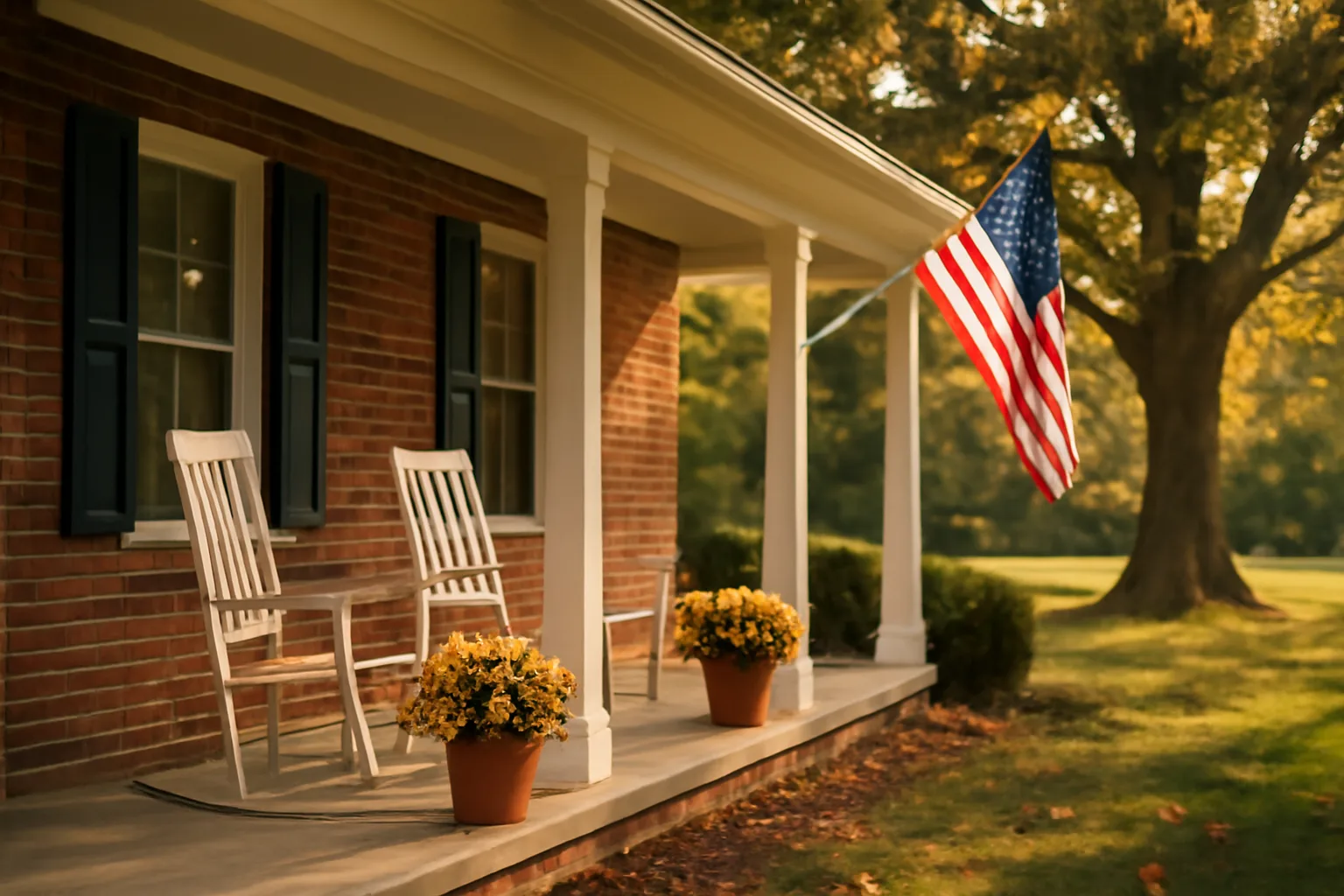 Virginia residential group home exterior with front porch and autumn foliage