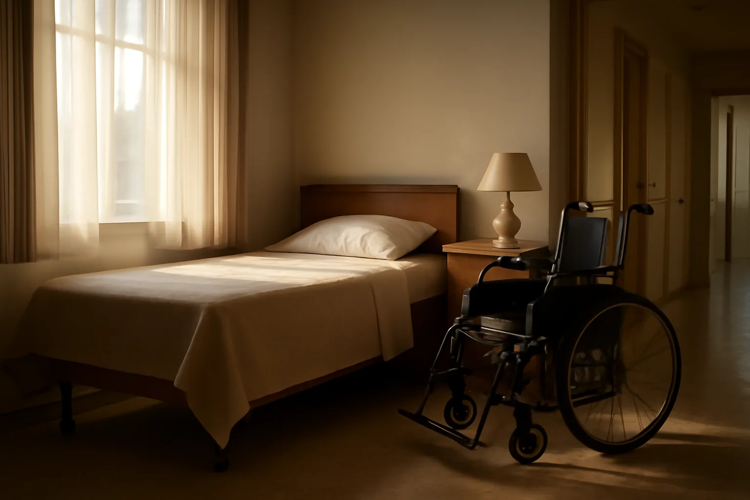Sunlit resident bedroom in a Virginia assisted living facility with wheelchair and made bed