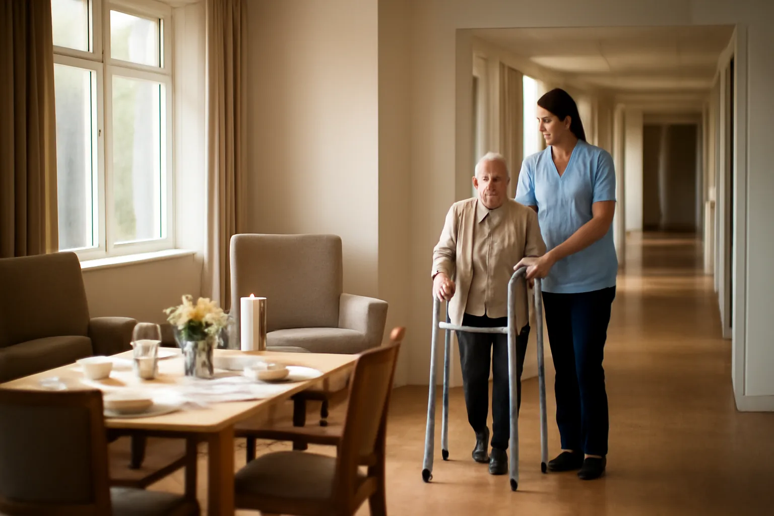 Caregiver assisting older adult in a Virginia assisted living facility common area