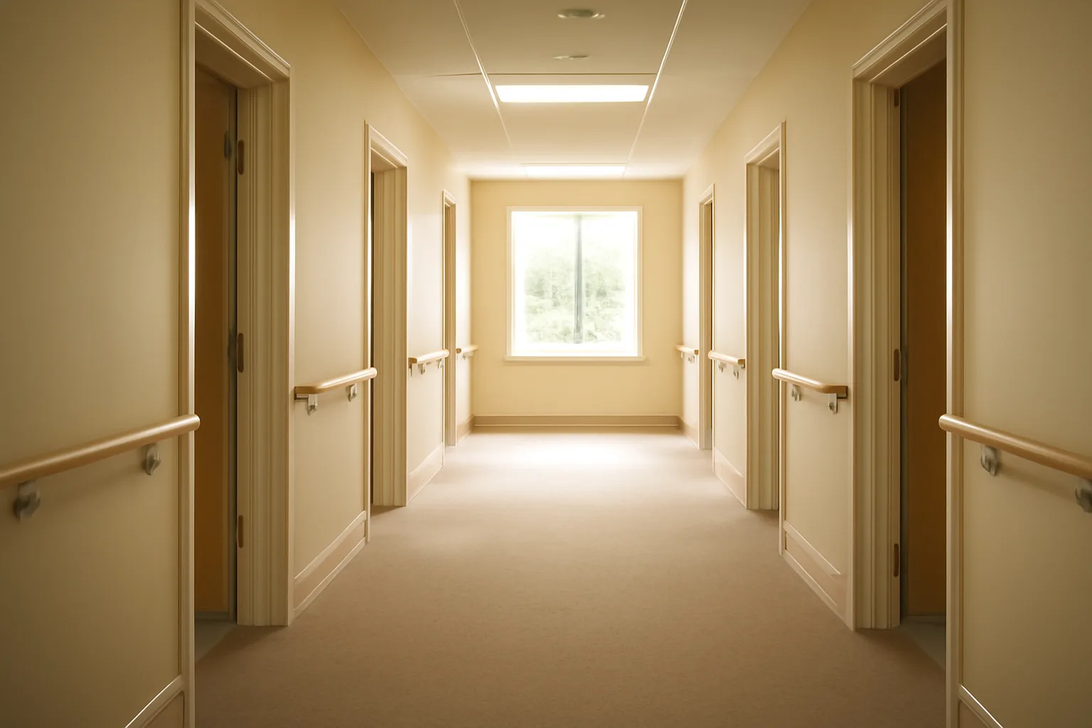 Quiet hallway of a licensed assisted living facility with handrails and natural light