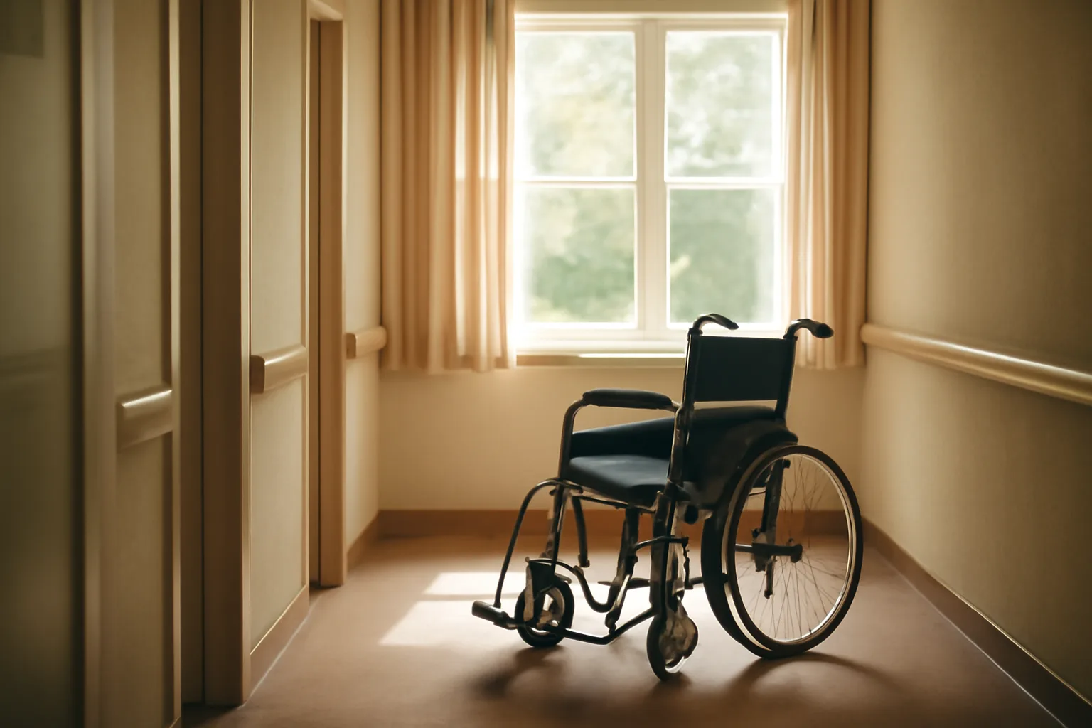 Sunlit hallway inside a residential assisted living facility with an empty wheelchair by a window