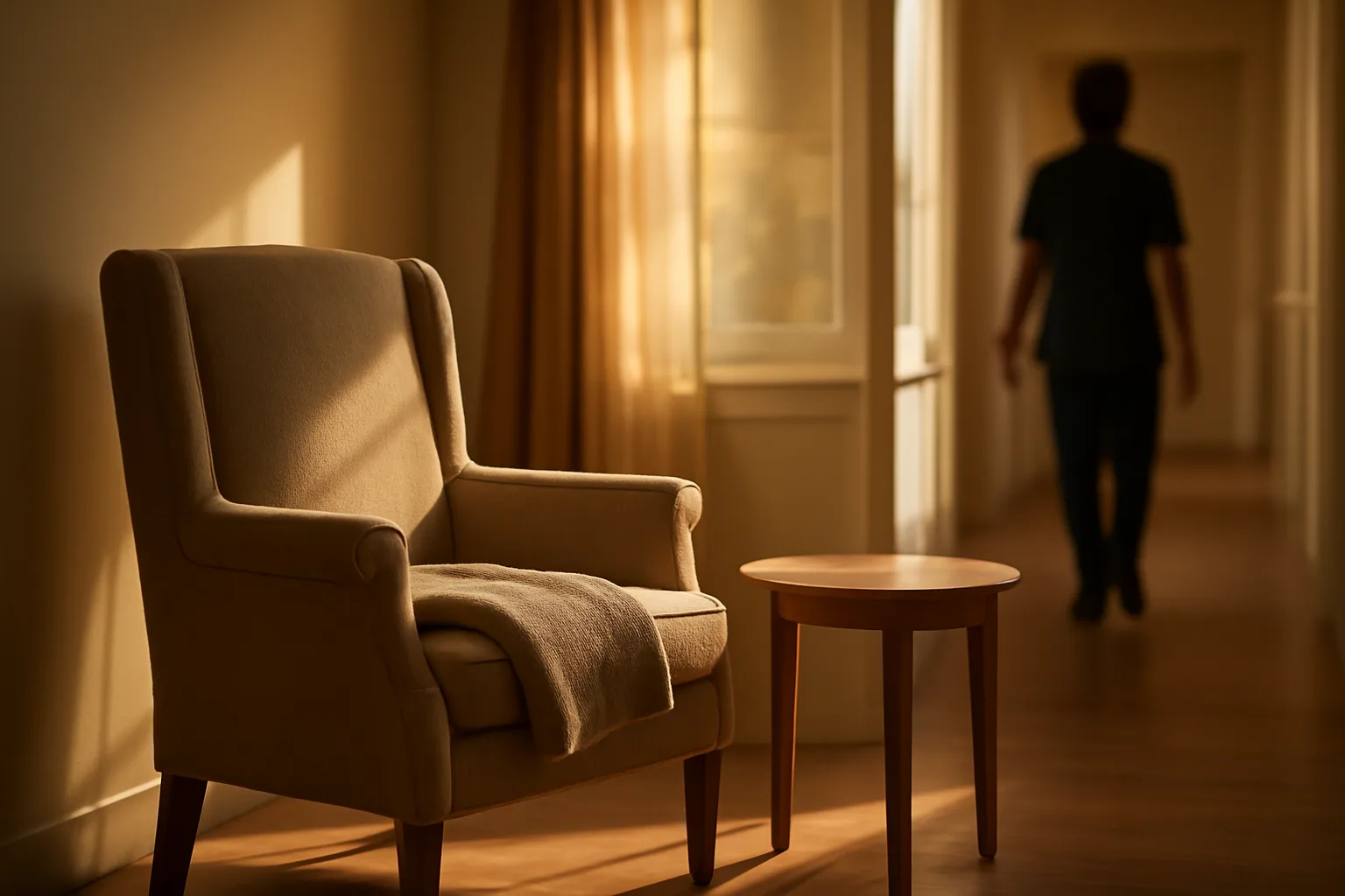 Sunlit common room in a Washington assisted living facility with an empty armchair
