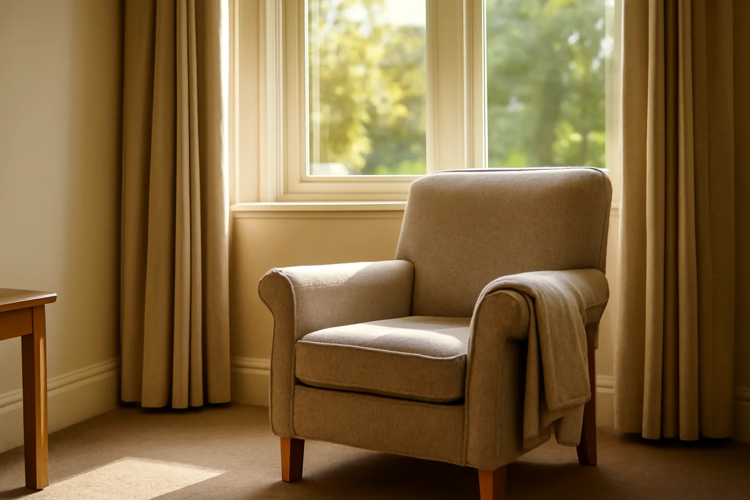 Sunlit common room chair in a Washington assisted living facility setting