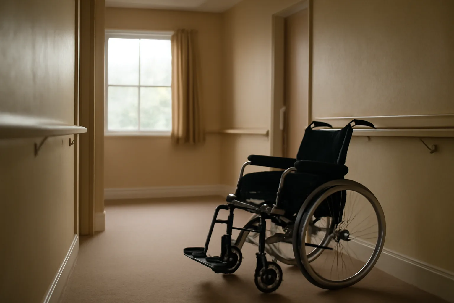 Hallway inside a Washington state licensed assisted living facility with handrail and natural light