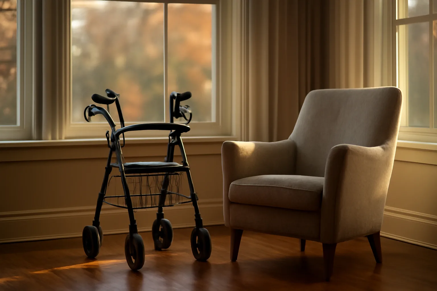 Sunlit living room in a Waukesha residential assisted living home with an armchair and walker