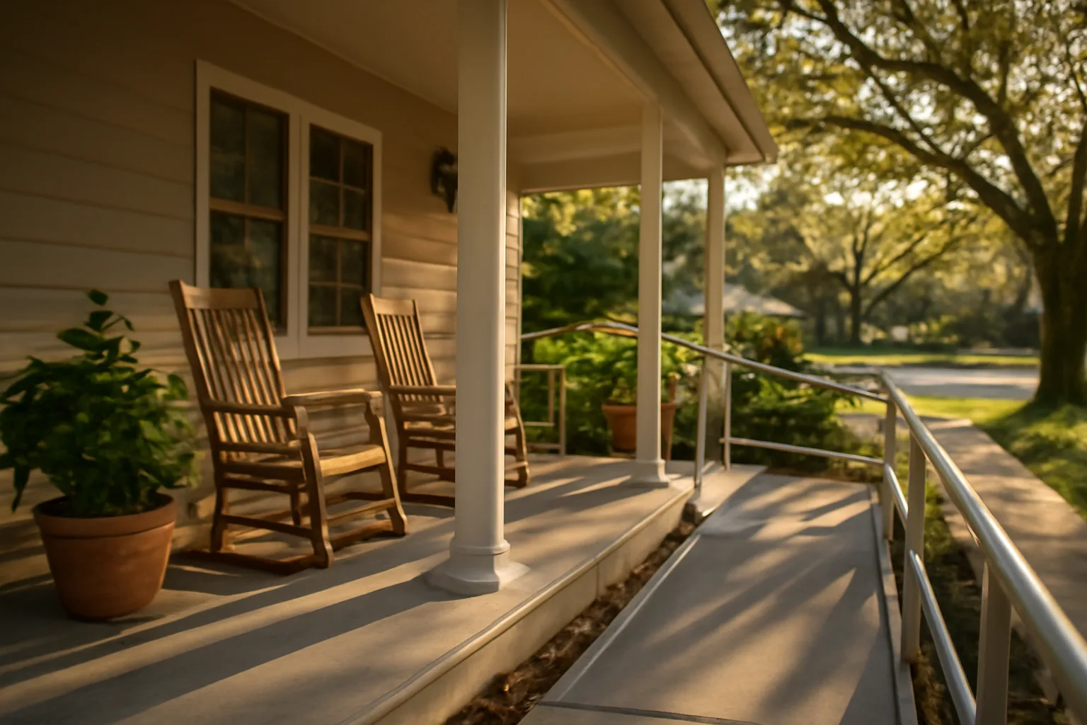 Residential care home front porch with wheelchair ramp and seating