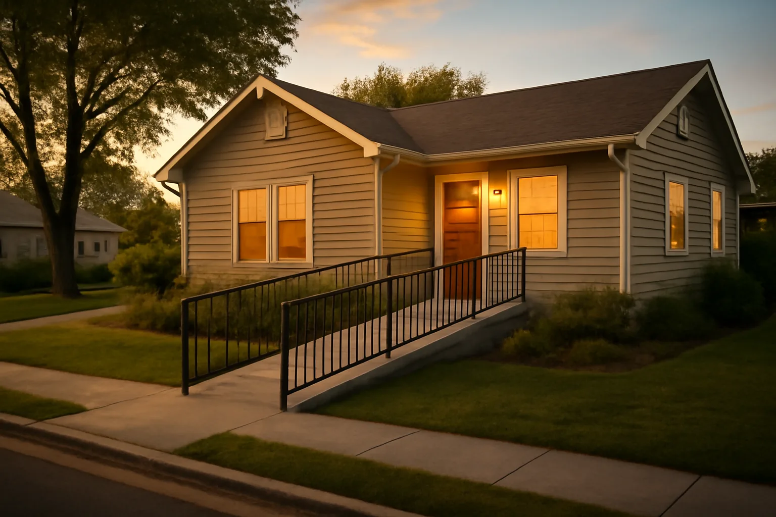 Residential group home exterior with wheelchair ramp showing licensing and accessibility requirements