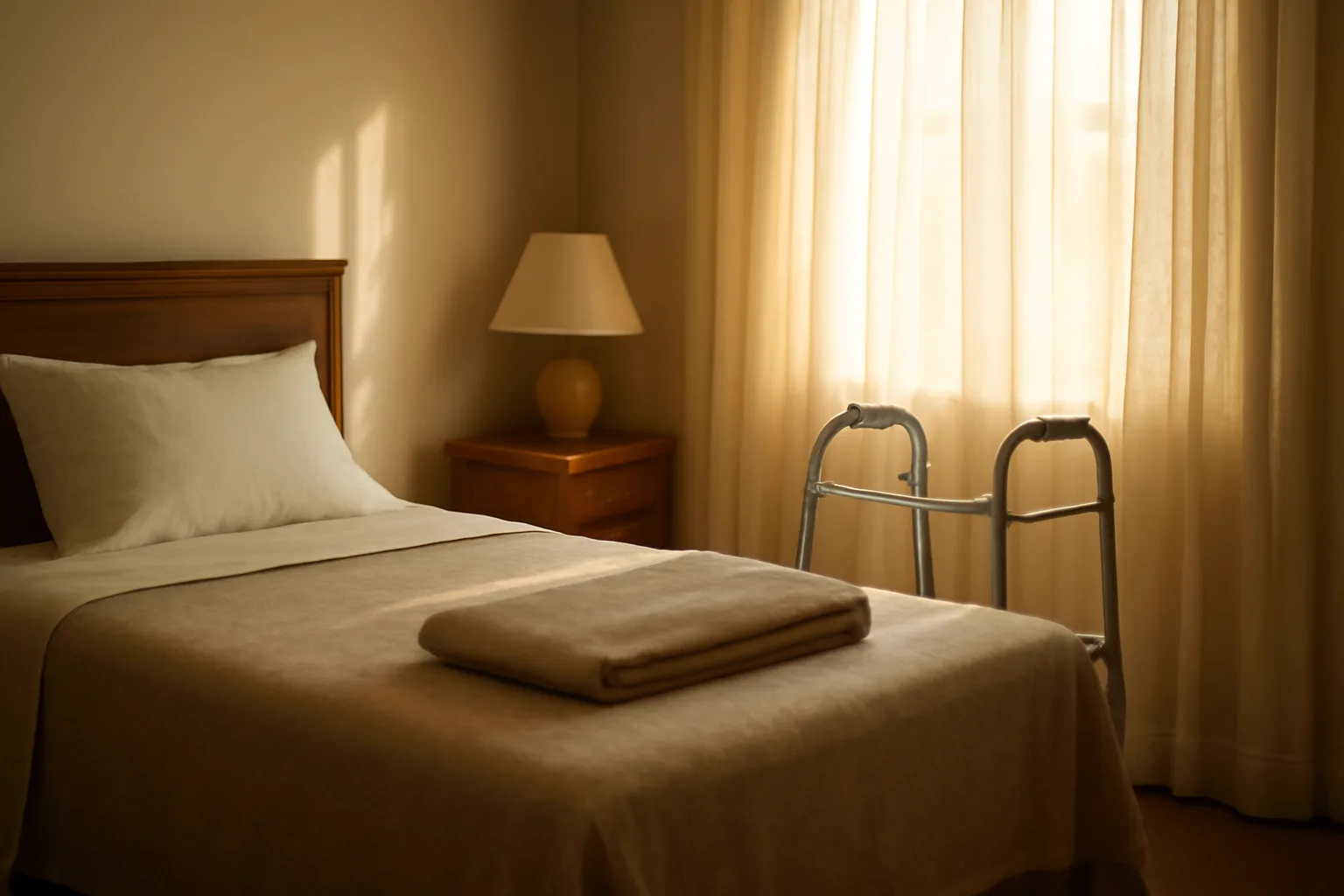 Sunlit private bedroom in an assisted living facility with a walker beside the bed