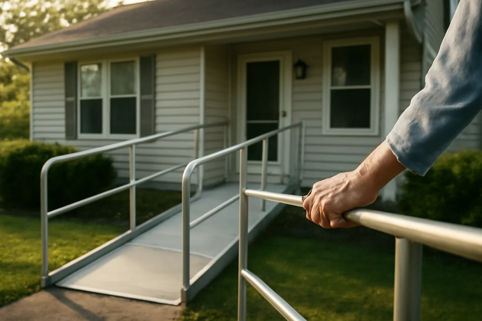 Residential group home exterior with wheelchair ramp in morning light