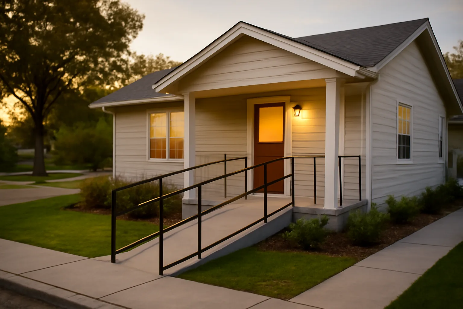 Exterior of a renovated residential building preparing to open as an assisted living facility