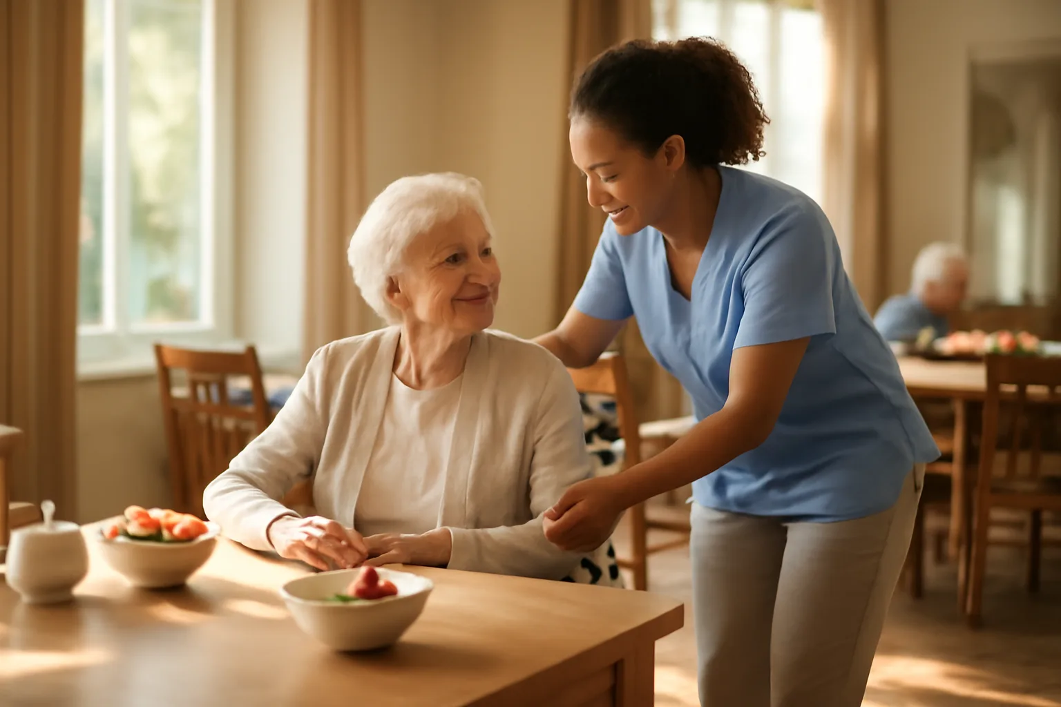 Caregiver helping an older resident to a chair in a sunny assisted living dining room
