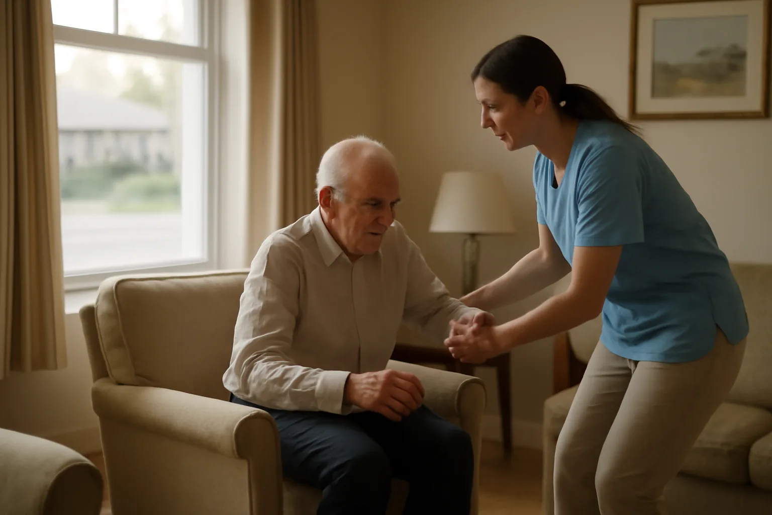 Caregiver helping a senior resident stand in a small licensed group home living room