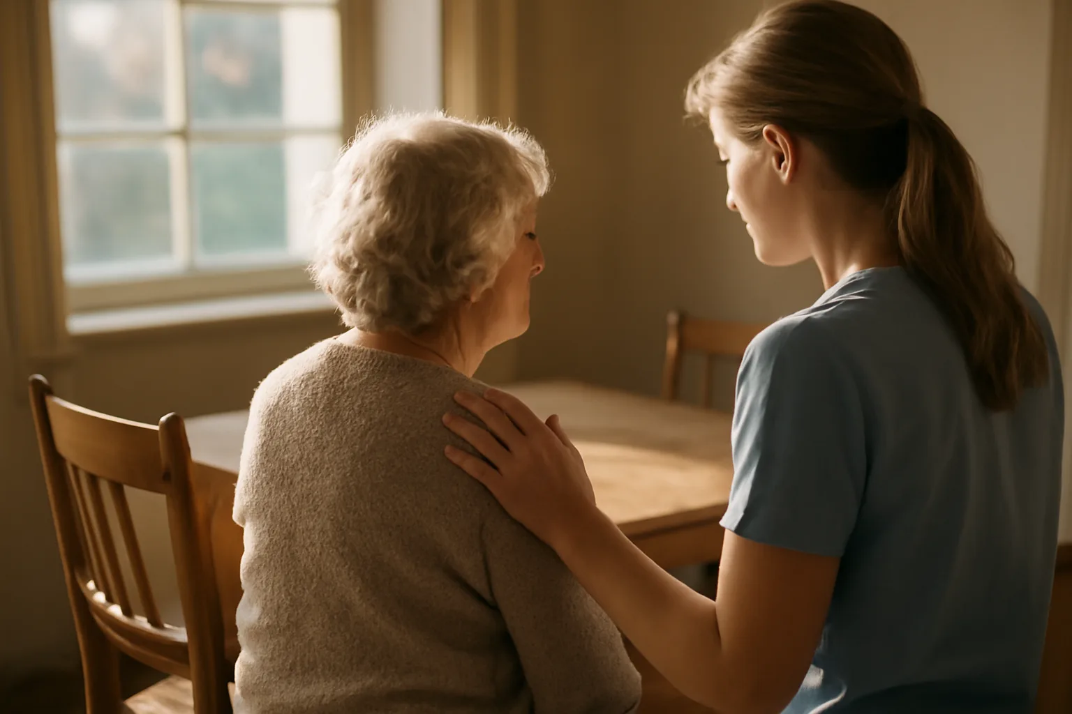 Caregiver and elderly resident sitting together in a residential assisted living facility living room