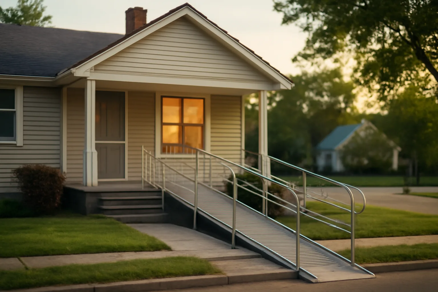 Single-family house converted into a residential assisted living home with a wheelchair ramp