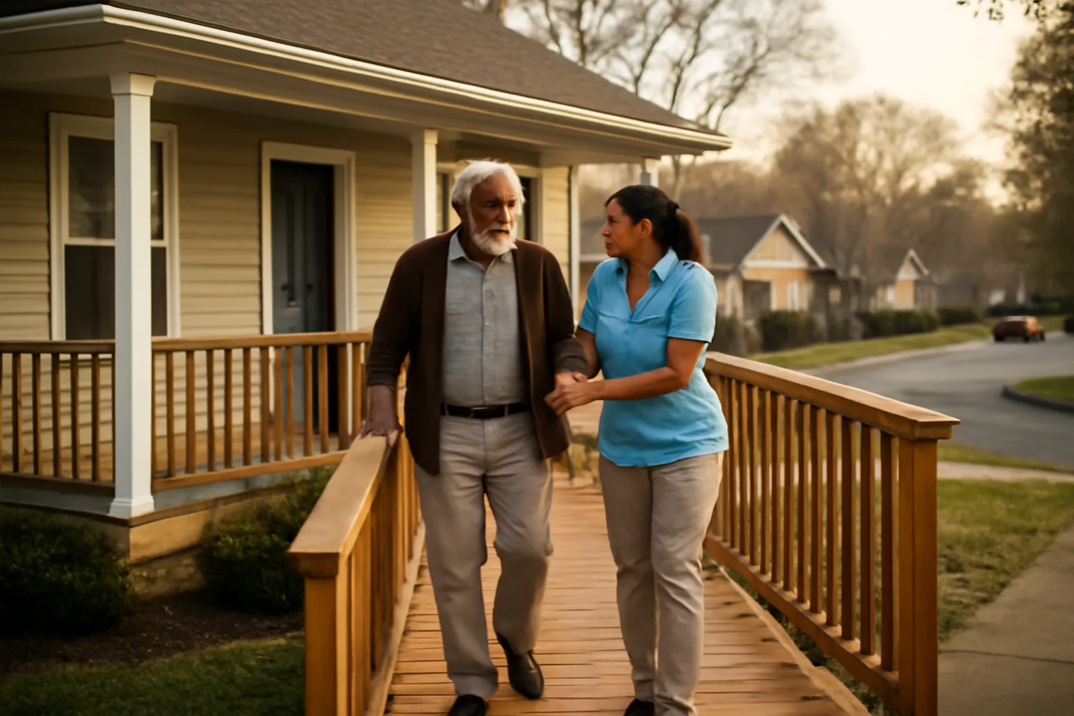 Caregiver assisting older adult down ramp of a small residential care home
