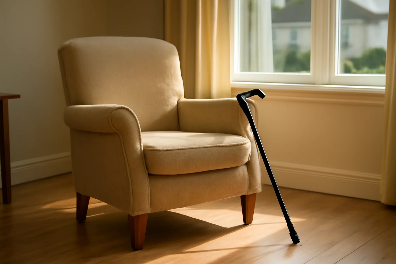 Sunlit living room in an assisted living facility with armchair and walking cane