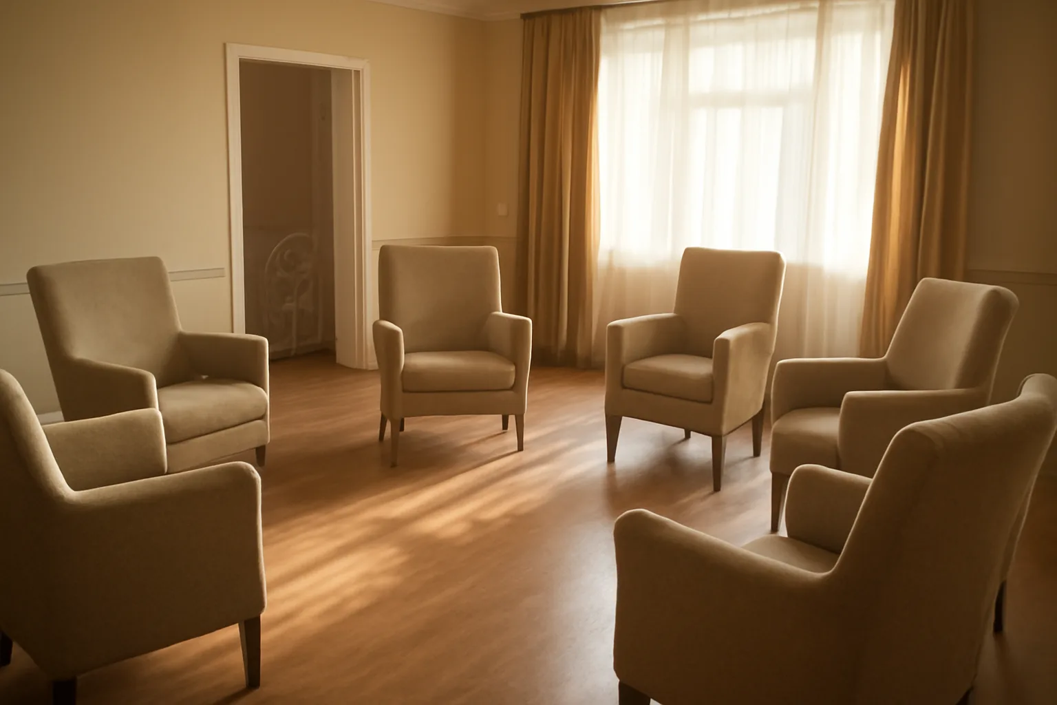 Sunlit living room in a residential care facility for the elderly, empty chairs and a walker