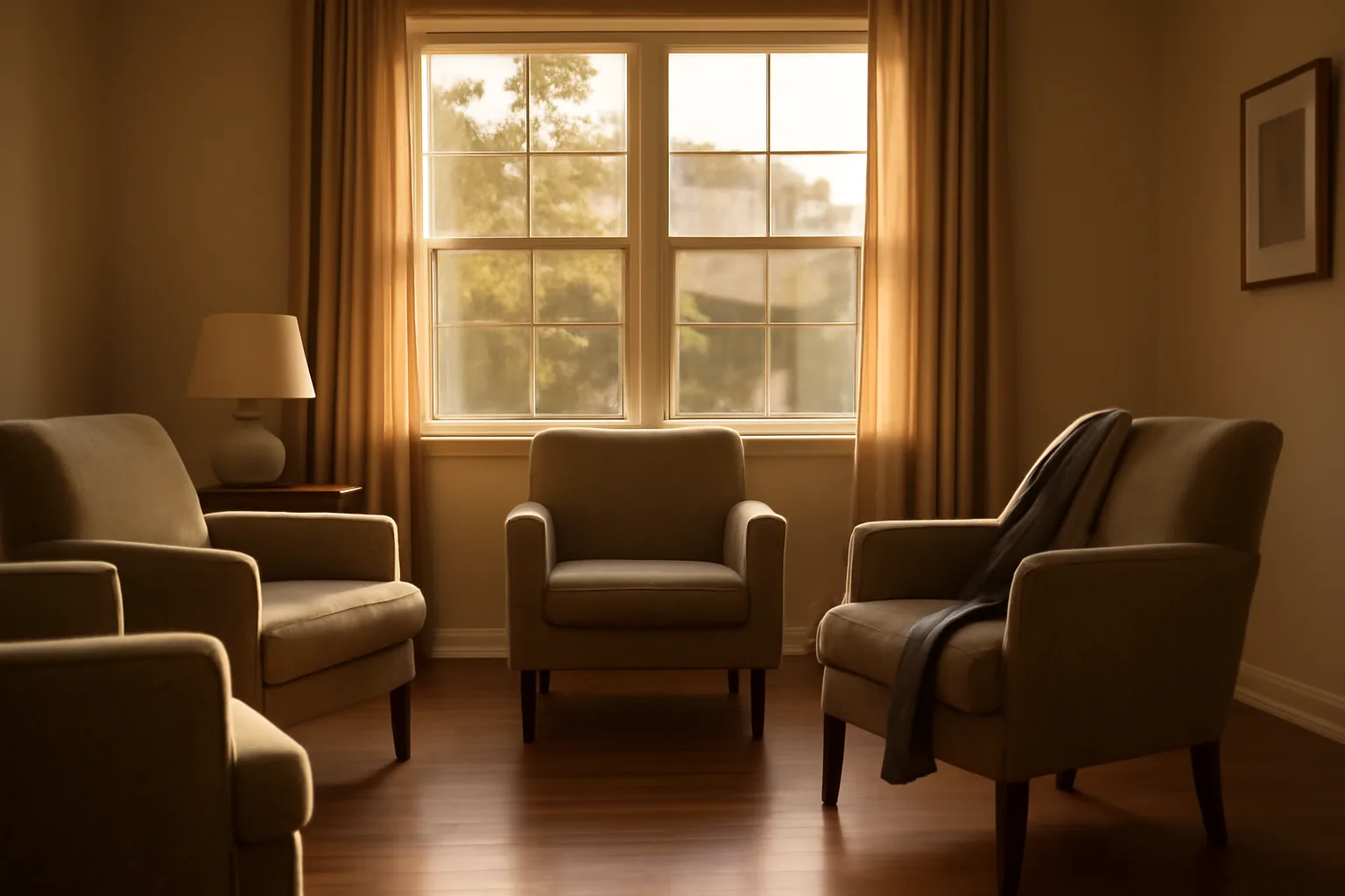 Sunlit living room in a converted residential home used for assisted living care
