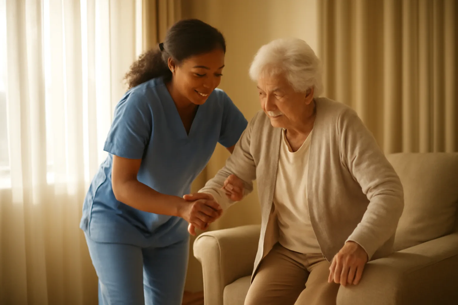 Caregiver assisting elderly resident in a sunlit assisted living common room