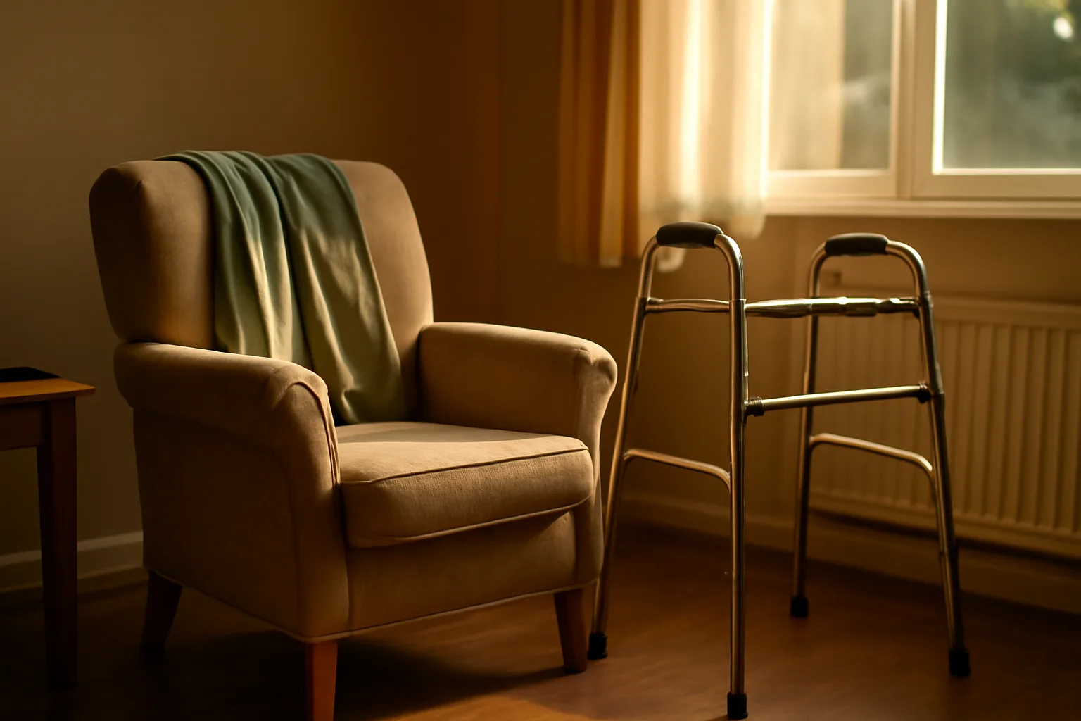 Sunlit living room in a residential care home showing the assisted living environment