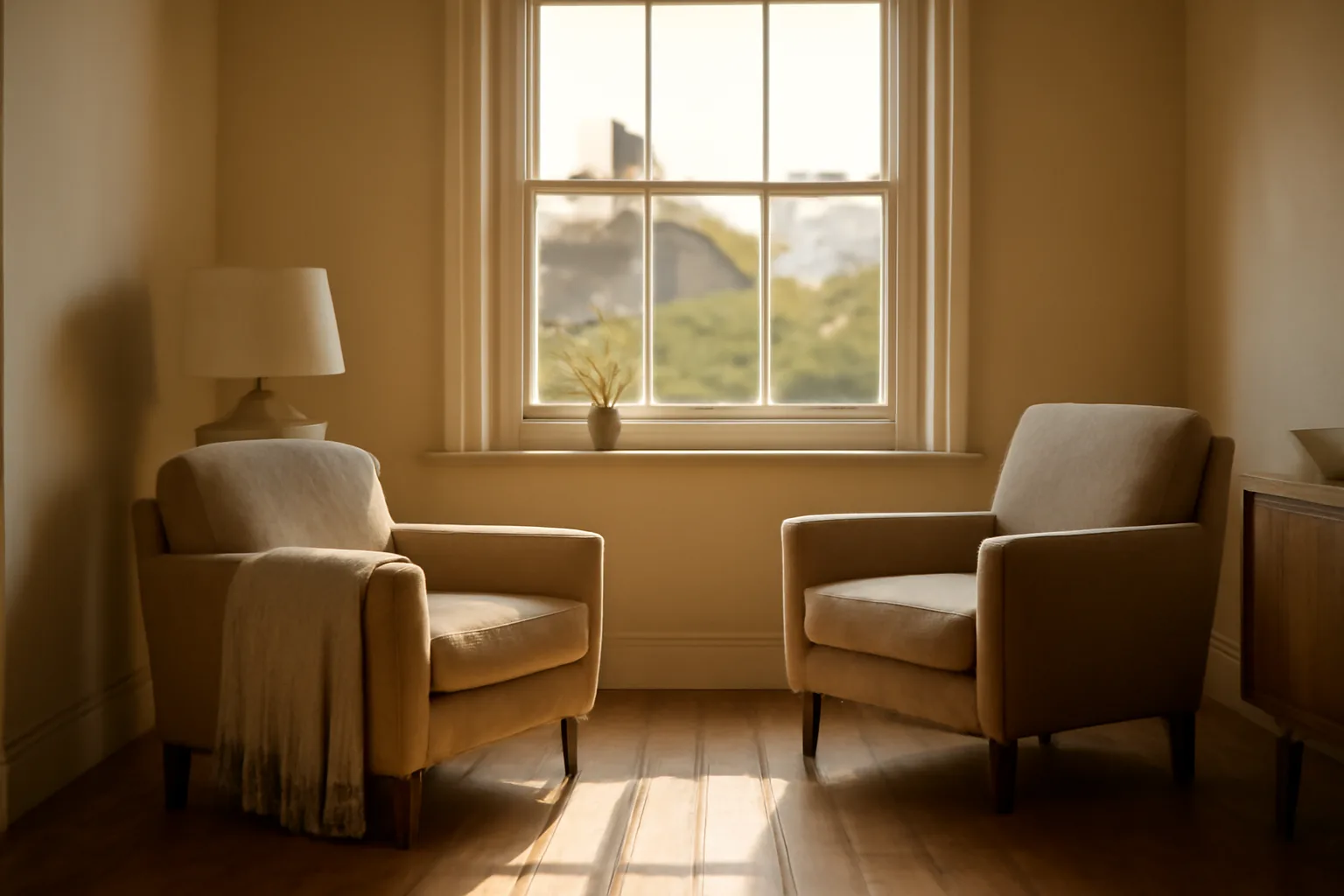 Empty sunlit living room in a residential care home showing difference between residential care and assisted living settings