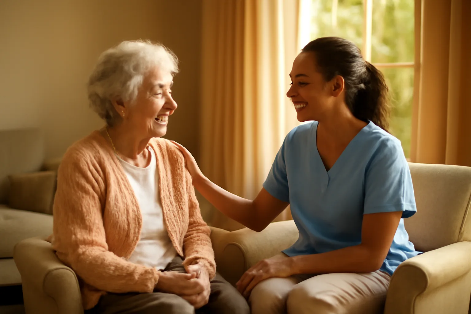 Caregiver and resident sitting together in a sunlit Florida assisted living facility living room