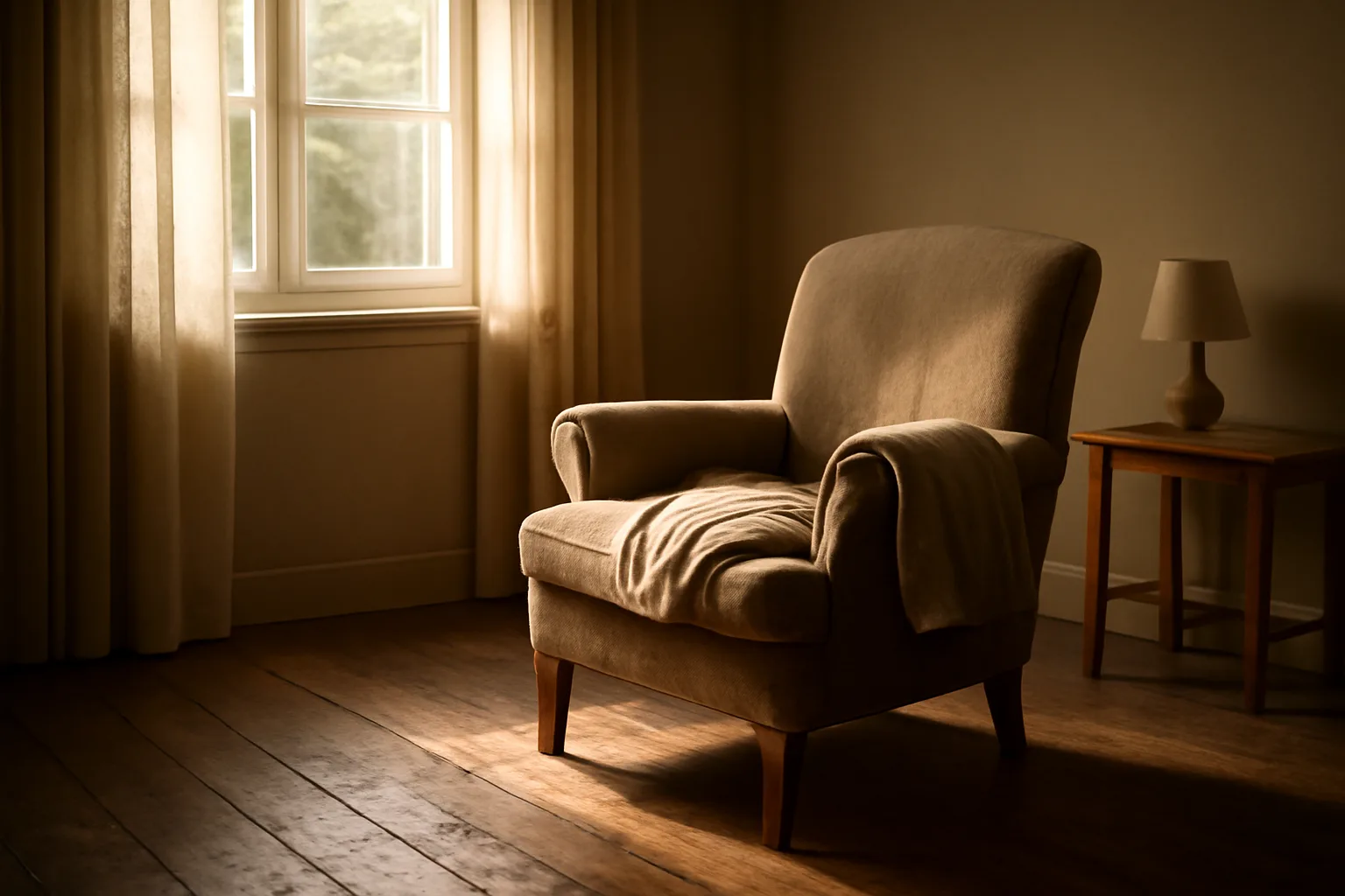 Sunlit living room in a Wisconsin residential care home with an empty armchair