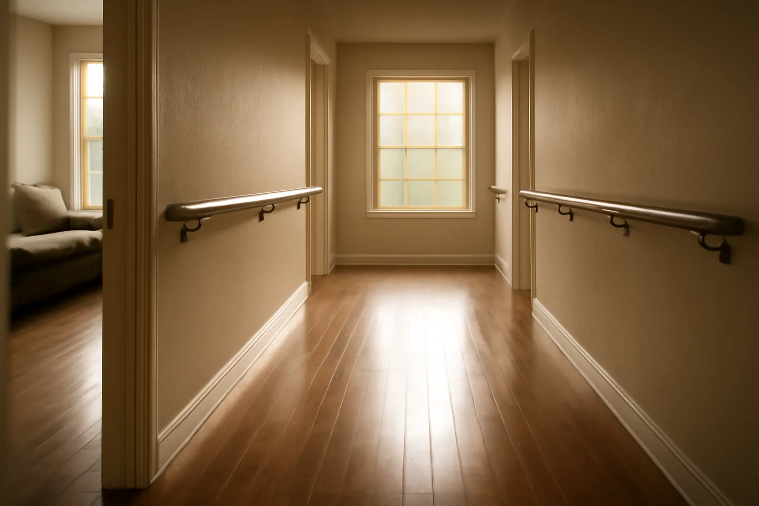 Sunlit hallway with handrails in a Wisconsin residential group home setting