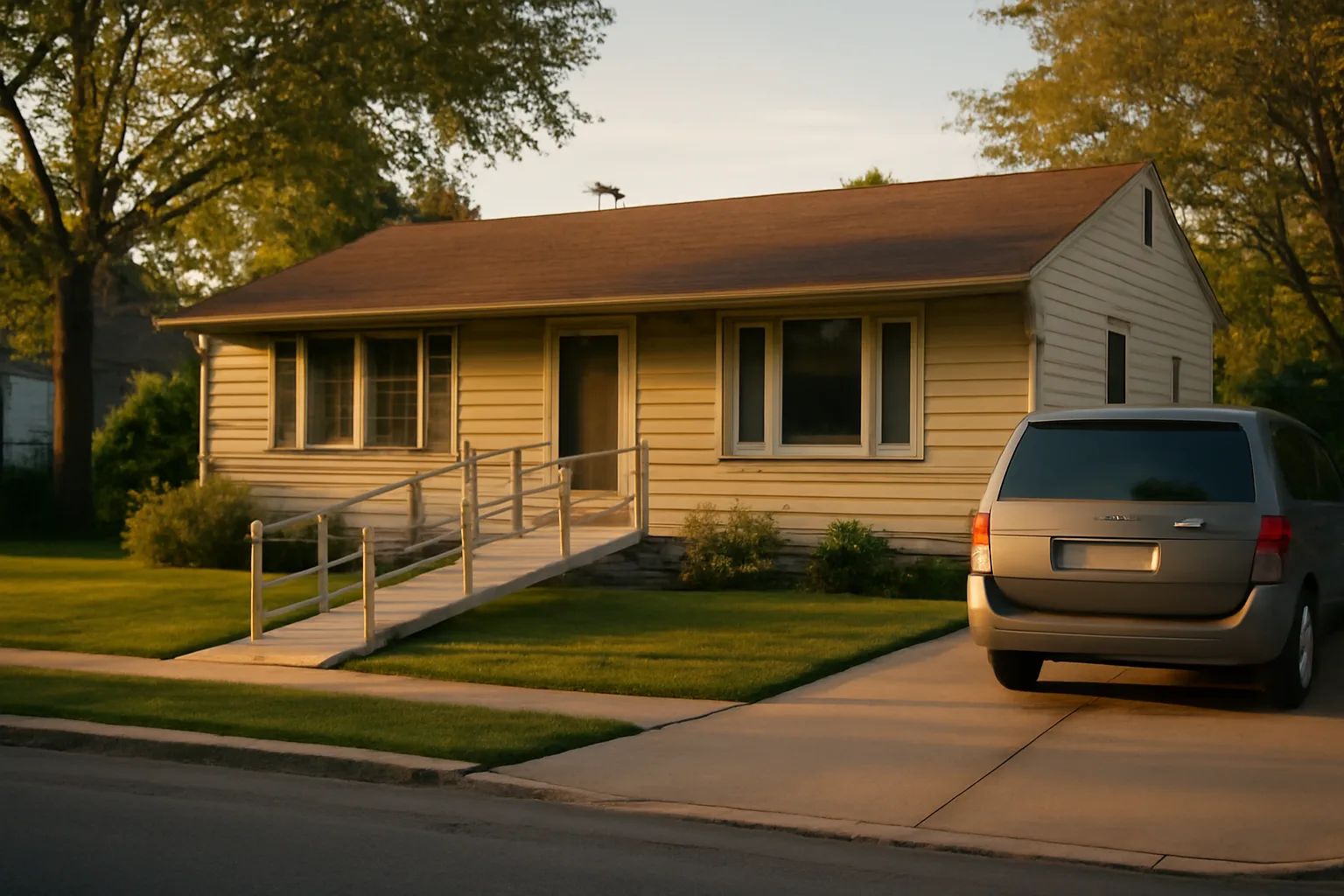 Single-family style home with a wheelchair ramp illustrating zoning requirements for group homes